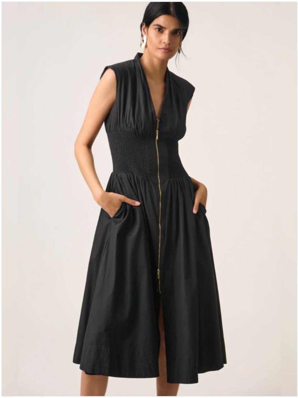 Anthropologie Black The Tommie Zip-Front Smocked-Waist Midi Dress Medium